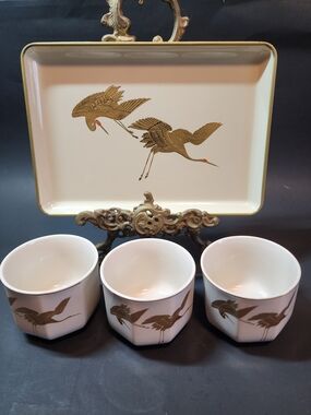 Otagiri White and Gold Crane Mugs Set with Matching Tray